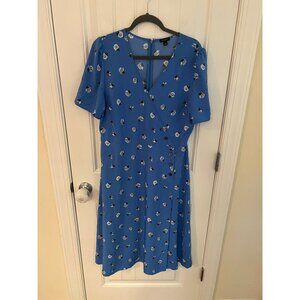 Ann Taylor Floral Blue Faux Wrap Short Sleeve V Neck Dress Size 14‎